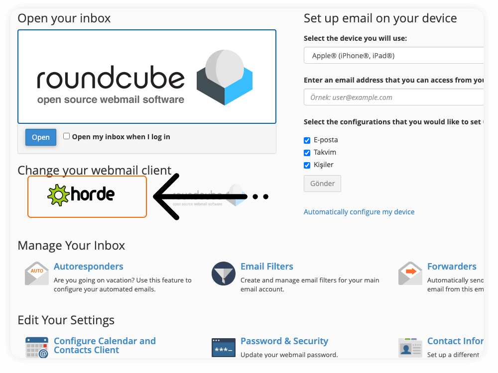 Roundcube den çıkıp Horde maile giriyoruz